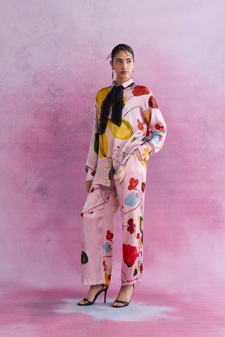 Floral Swirl Satin Shirt with Bow