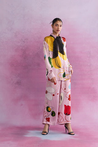 Floral Swirl Satin Shirt with Bow