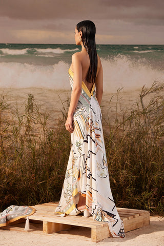 Shivan & Narresh Saun Asymmetrical Dress; Saun Print; Multicolor; Women Resort Wear; Long Dress; One-shoulder Dress