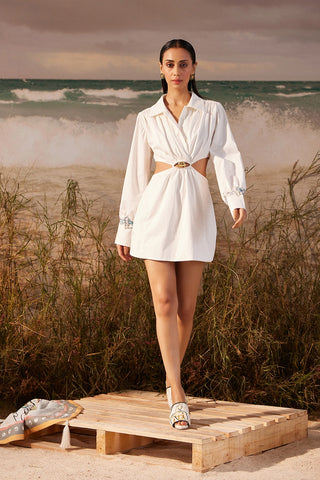 Shivan & Narresh Ivory Cut-out Dress; White Color; Saun Print; Women Resort Wear;  Resort Dress