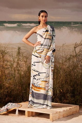 Shivan & Narresh Saun Asymmetrical Kaftan; Saun Print; Multicolor; Women Resort Wear; Free Size;