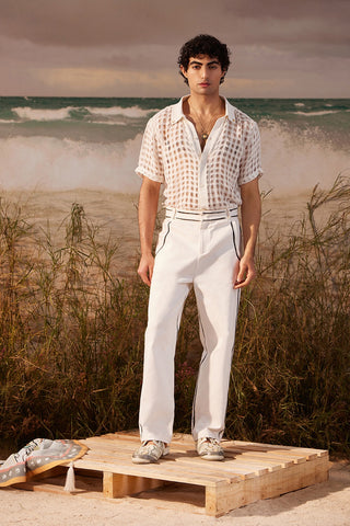 Shivan & Narresh White Handpainted Denim; Saun Print; White Color; Men's Denim Trouser; Men's Resort Wear; 