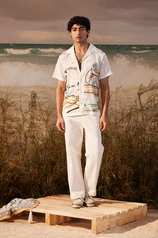 Shivan & Narresh Saun White Shirt; Saun Print; Multicolor; Men's Resort Wear; Men's Shirt; 
