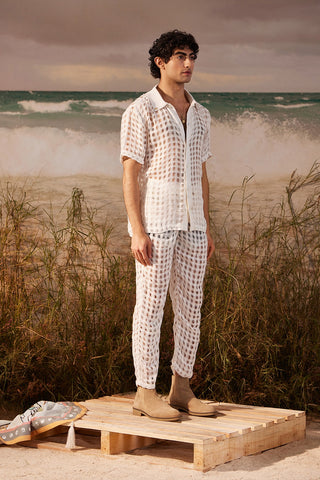 Shivan & Narresh White Mesh Shirt; Saun Print; White Color; Men's Resort Wear; Men's Shirt