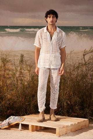 Shivan & Narresh White Mesh Shirt; Saun Print; White Color; Men's Resort Wear; Men's Shirt;