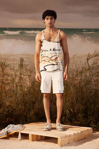 Shivan & Narresh Ivory Cargo Shorts; Saun Print; White Color; Men's Resort Wear; Men's Shorts;  