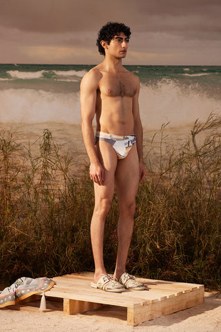 Shivan & Narresh Saun Swim Trunks; Saun print; Multicolor; Men's Swimwear; White Trunks;