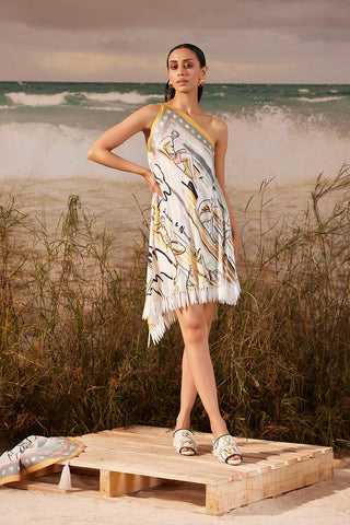 Shivan & Narresh Saun Spike Skein Dress; Saun Print; Multicolor; Women Resort Wear; One-Shoulder Dress;