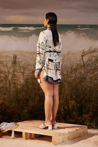 Shivan & Narresh Saun Resort Shirt Dress with Embroidery; Saun Print; Multicolor; Women Resort Wear; Shirt Dress;