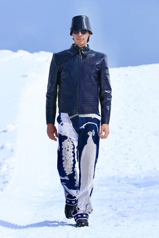 Noir Leather Textured Jacket with Izu Juno Jacquard-knit Trousers