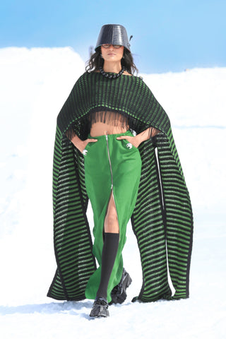 Evergreen Stripe Knit Cape with Woolen Zip-Up Skirt