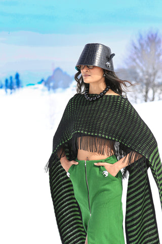 Evergreen Stripe Knit Cape with Woolen Zip-Up Skirt