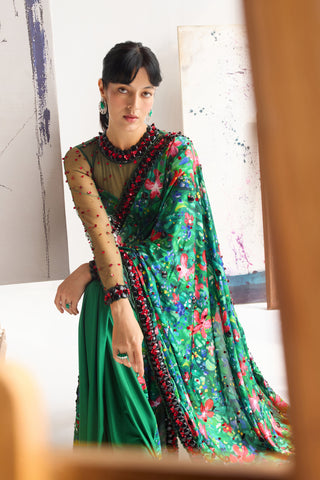 Fioretta Botanique Tailored Sari with Sheer Embellished Blouse