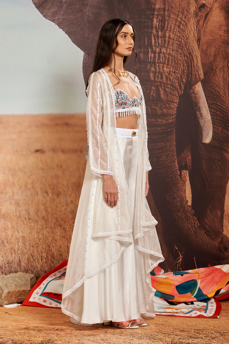 Ivory Flared Sharara with Shellace Beaded Bustier & Cape