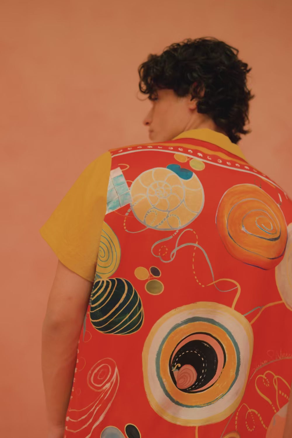 Ochre Resort Shirt with Younail Backprint – detail-focused video showcasing the backprint reveal and fabric contrast | Shivan & Narresh