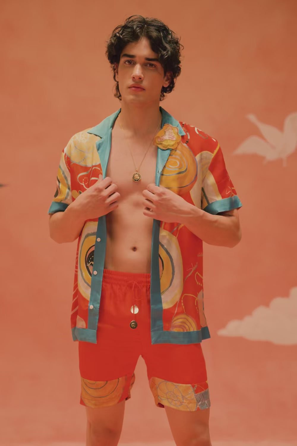 Younail Silk Lounge Shirt with Shorts – video showcasing floral accent detail and drawstring waist movement in refined silk finish | Shivan & Narresh
