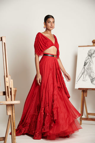 Ruby-Red Celestial Asymmetrical Lehenga with Ruched Tassel Blouse