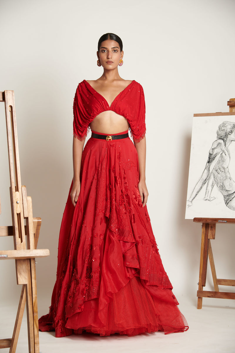 Ruby-Red Celestial Asymmetrical Lehenga with Ruched Tassel Blouse
