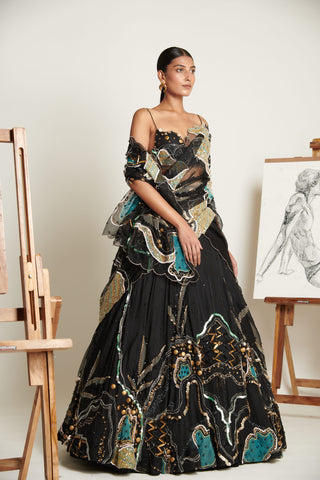 Noir Swirlscent Encrusted Lehenga with Embellished Blouse and Scallop Dupatta