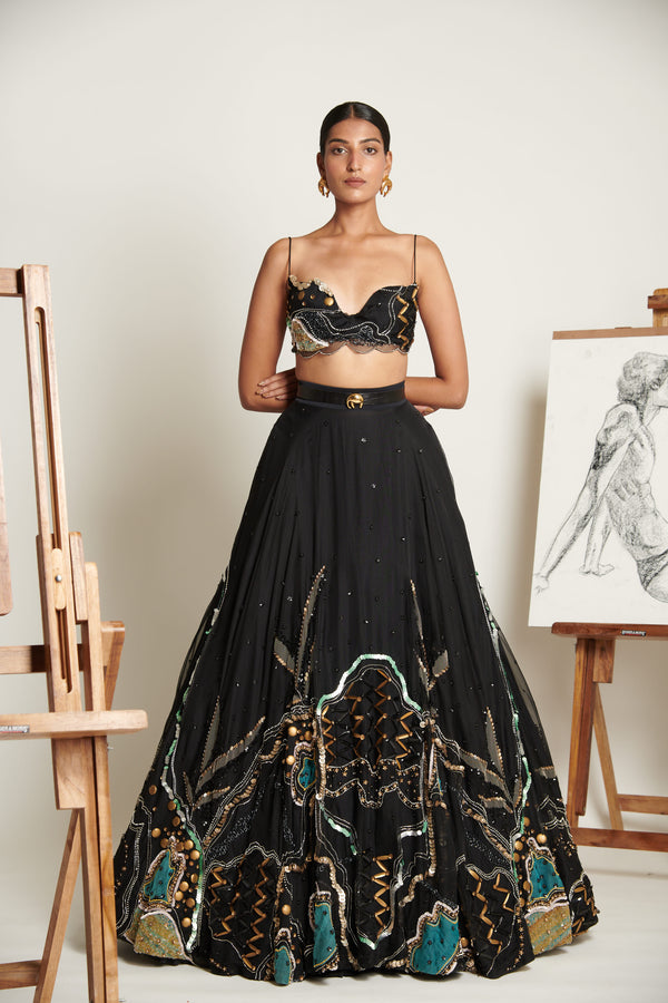Noir Swirlscent Encrusted Lehenga with Embellished Blouse and Scallop Dupatta