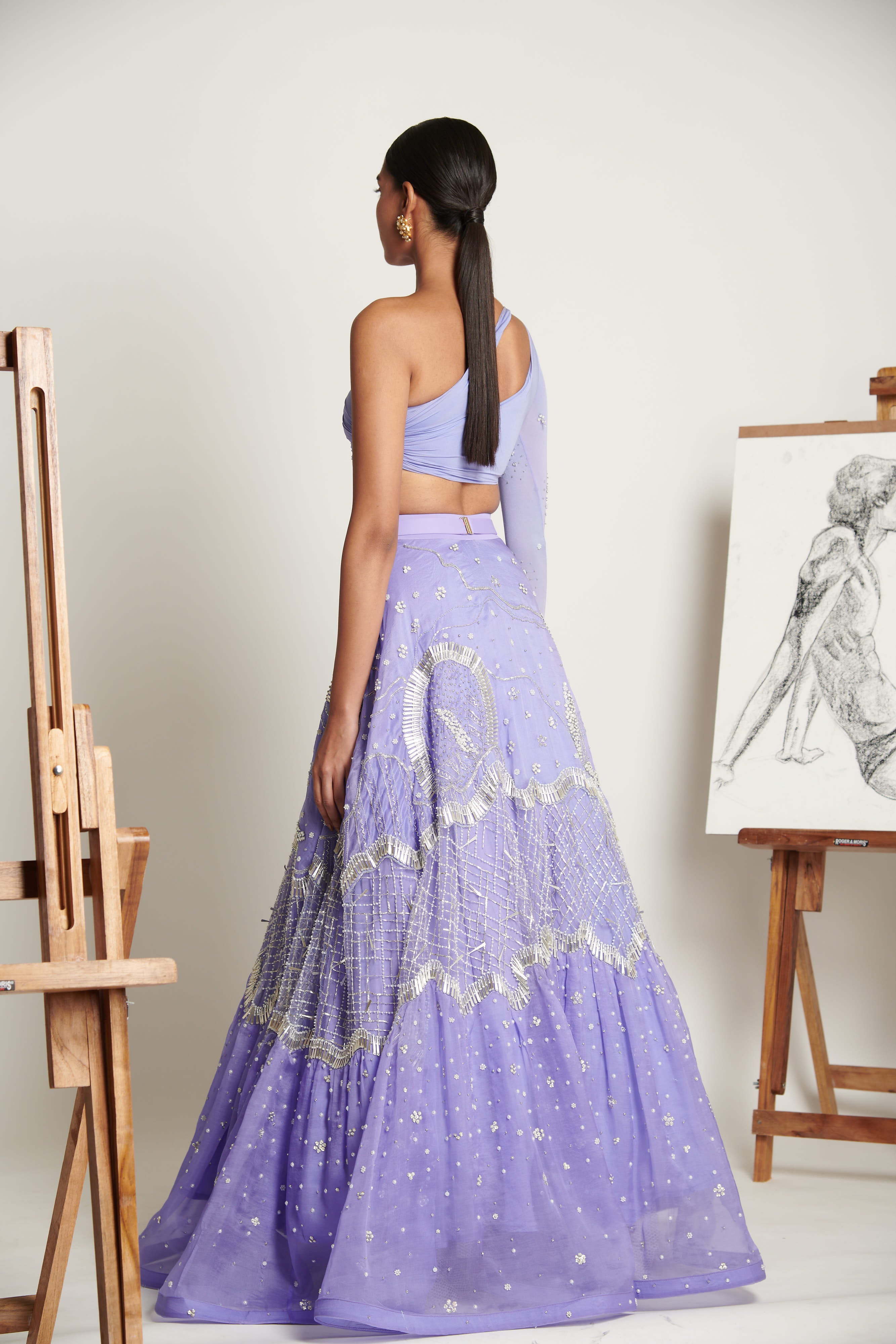 Lavender Celestial Burst Lehenga with Asymmetrical Blouse and Seraphic SHIVAN & NARRESH Lavender Celestial Burst Lehenga with Asymmetrical Blouse and Seraphic SHIVAN & NARRESH