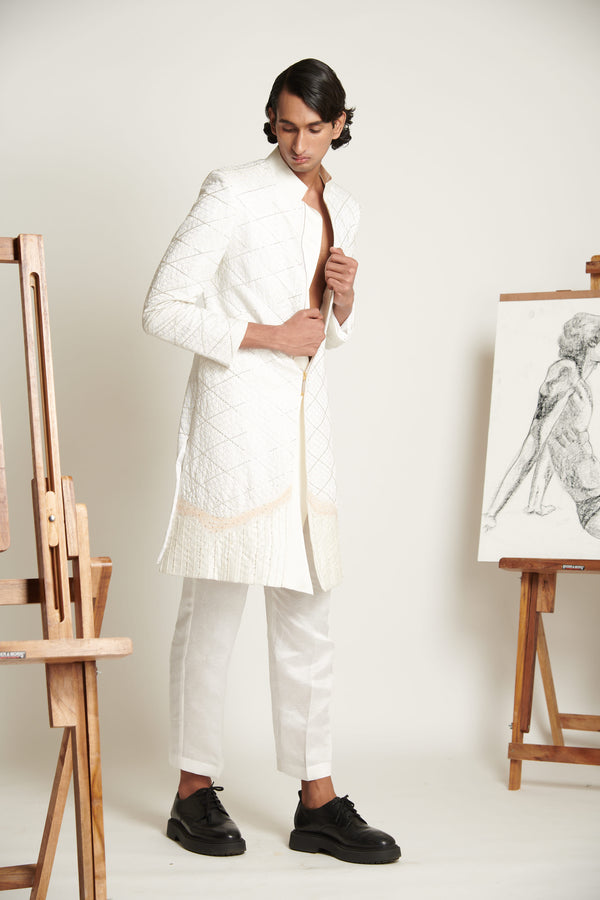 Ecru Lattice Embroidered Sherwani with Linen Pants