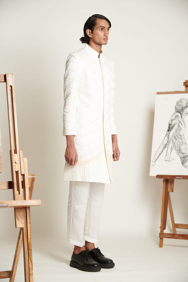 Ecru Lattice Embroidered Sherwani with Linen Pants