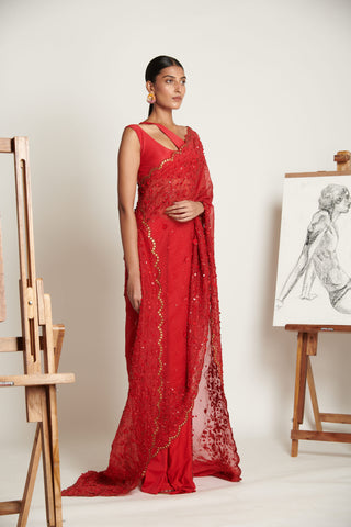 Vermillion Botanique Tailored Sari