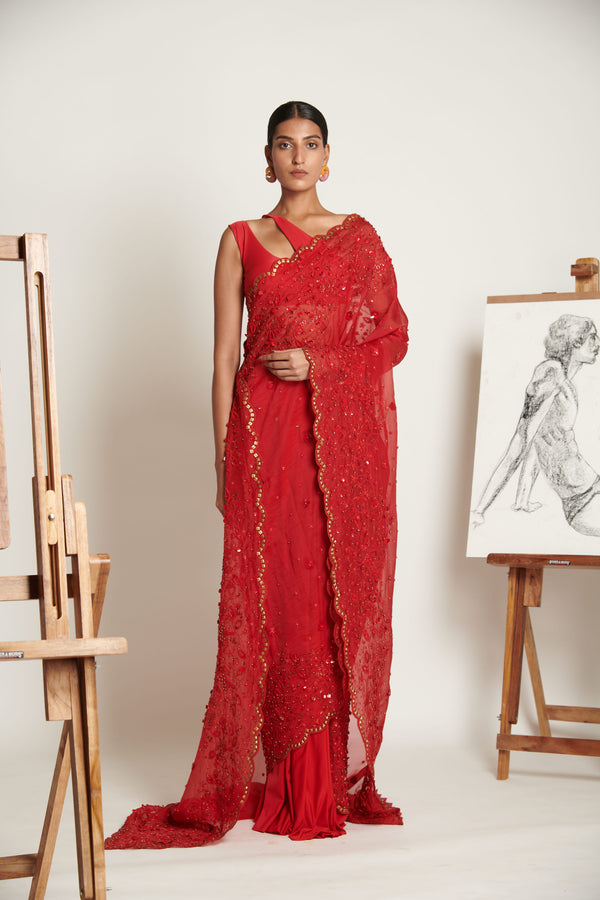Vermillion Botanique Tailored Sari