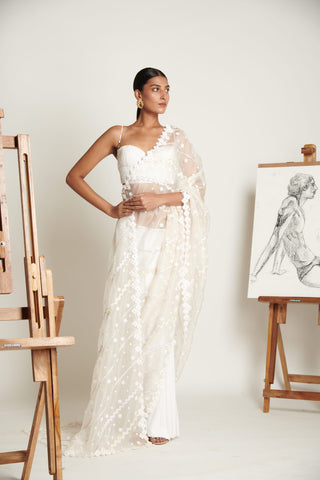 Ecru Floret Applique Tailored Sari with Ruched Bustier