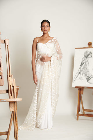 Ecru Floret Applique Tailored Sari with Ruched Bustier