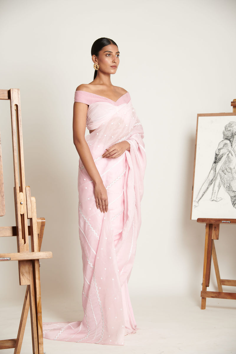 Primrose Floral Chevron Sari with Drop Shoulder Ruched Blouse