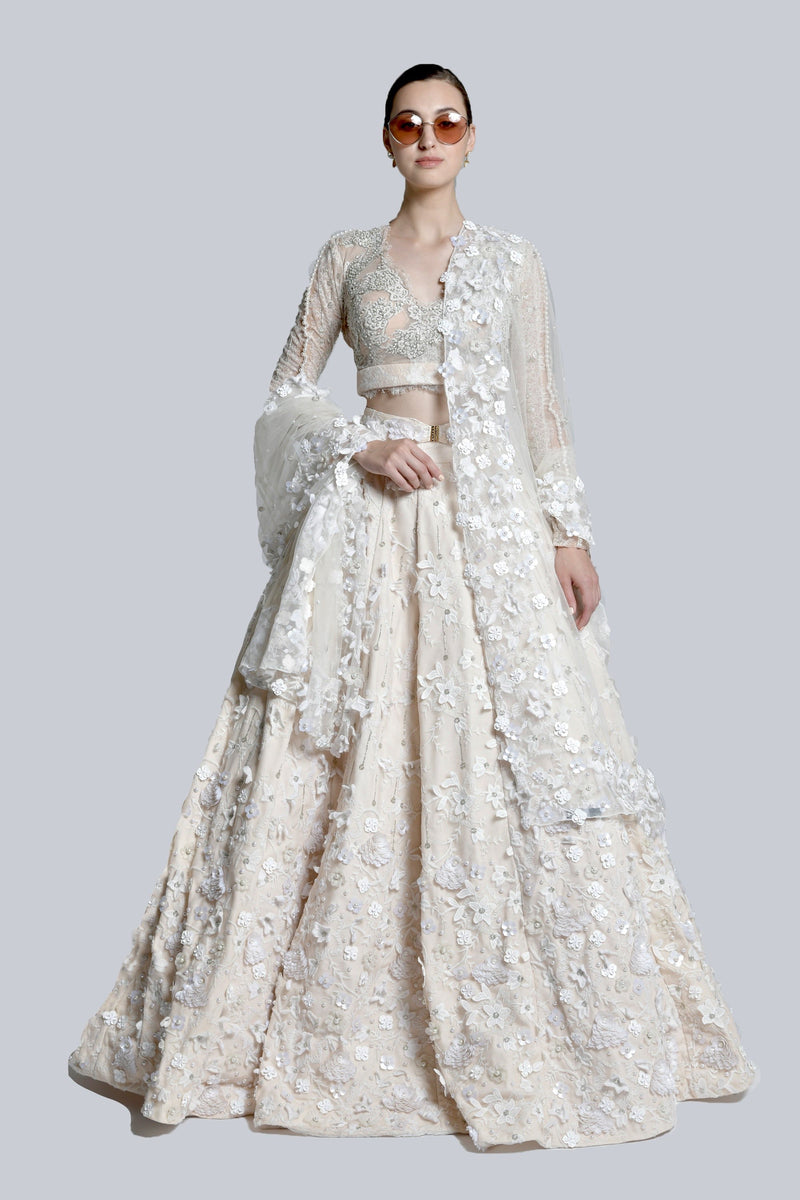 Pearl White Partywear Sequins Embroidered Silk Lehenga Choli