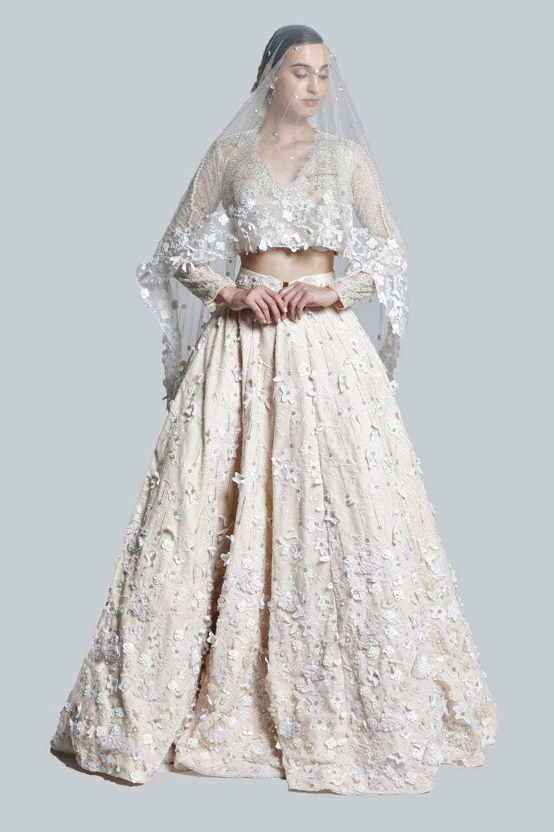 Ecru Carnation Skein Lehenga with Chantilly Lace, Pearl Bustier & Lace Trail