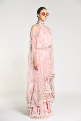 Vintage Rose Feathered Cape with Oplascent Tiered Sharara