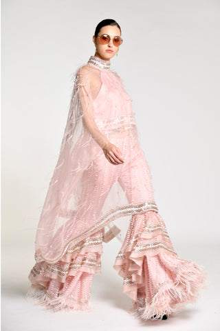 Vintage Rose Feathered Cape with Oplascent Tiered Sharara