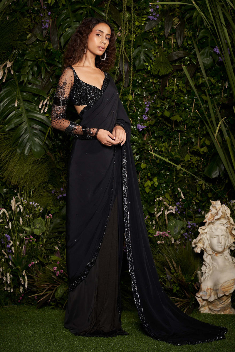 Shivan and Narresh Couture Black Sari with Bustier; Black Colour; Pre-Stitched Saree;