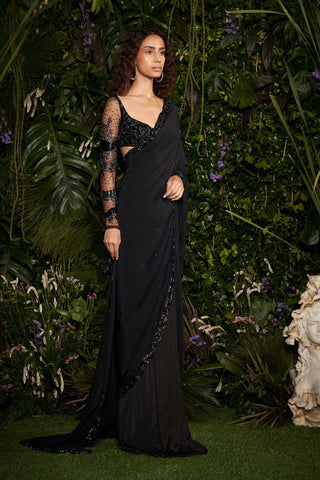 Shivan and Narresh Couture Black Sari with Bustier; Black Colour; Pre-Stitched Saree;