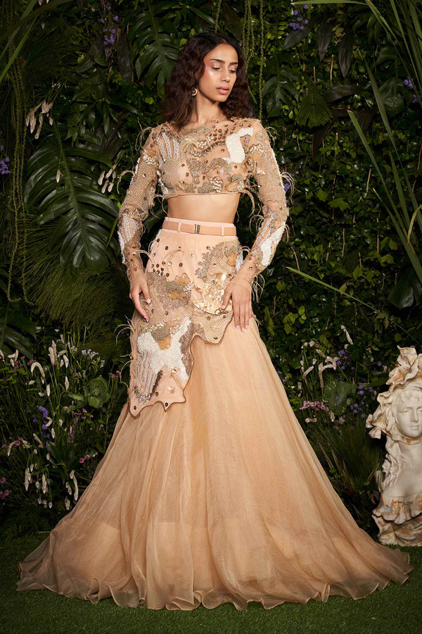 Shivan and Narresh Couture Handcrafted Lehenga with Full Sleeve Bustier; Gold Colour; Women Lehenga Set
