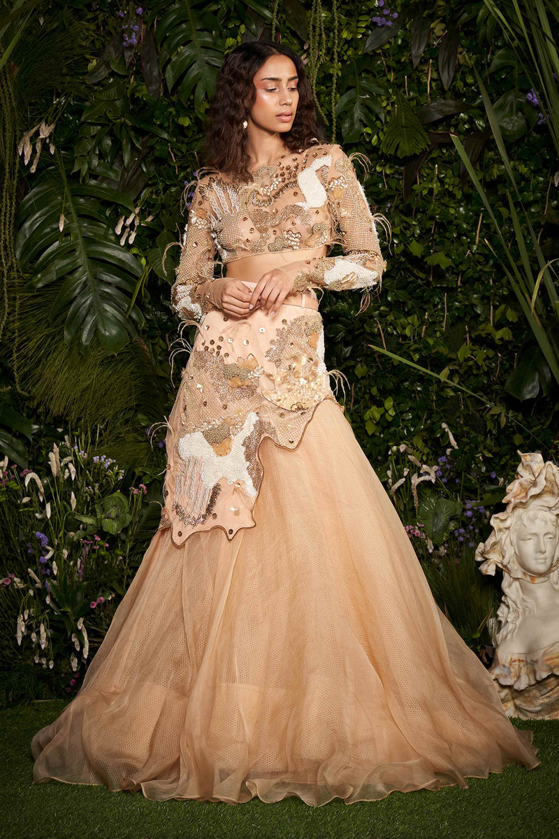 Shivan and Narresh Couture Handcrafted Lehenga with Full Sleeve Bustier; Gold Colour; Women Lehenga Set