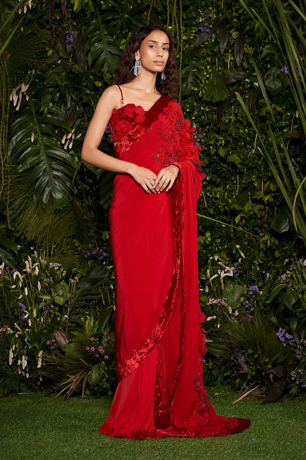 Shivan and Narresh Couture Hand Crafted Red Sari; Red Colour; Women Pre-stitched Saree;