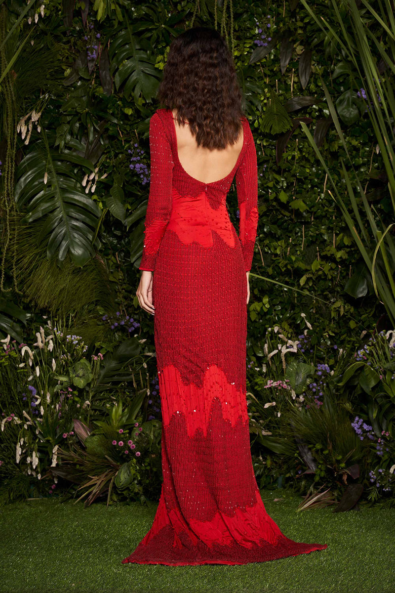 Shivan and Narresh Couture Knit Red Gown; Red Colour; Women Slit Dress;