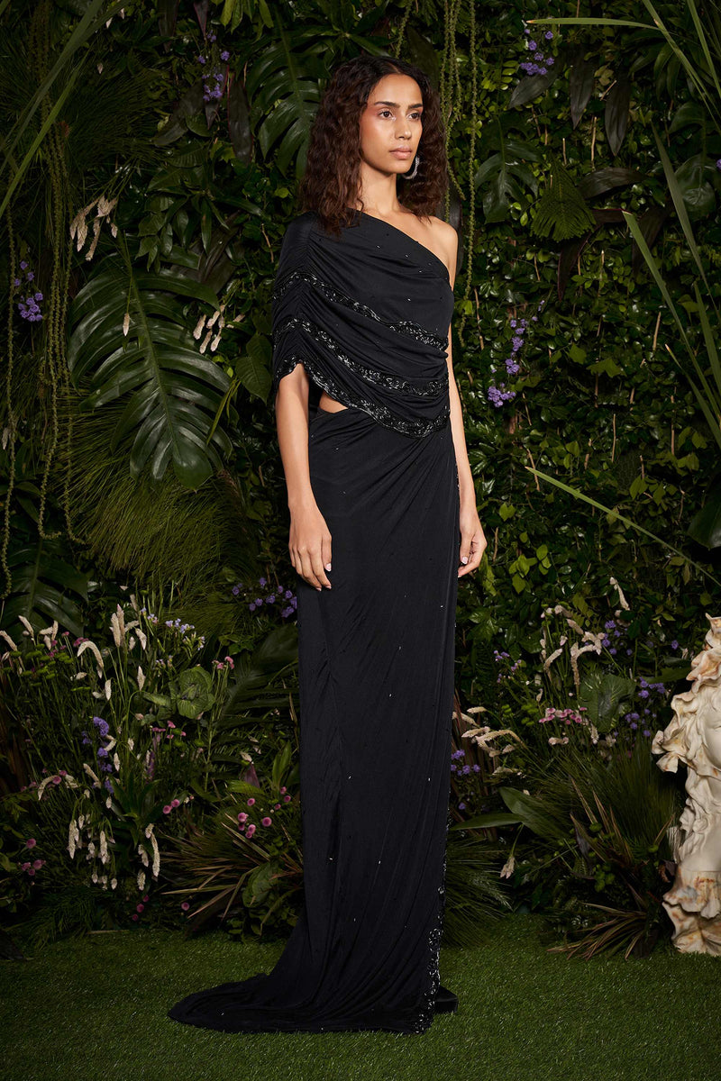 Shivan and Narresh Couture Black One Shoulder Gown; Black Colour; Women Embroidered Dress