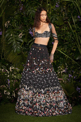 Shivan and Narresh Couture Embroidered Black Lehenga with Bustier; Black Colour; Women Lehenga Set;