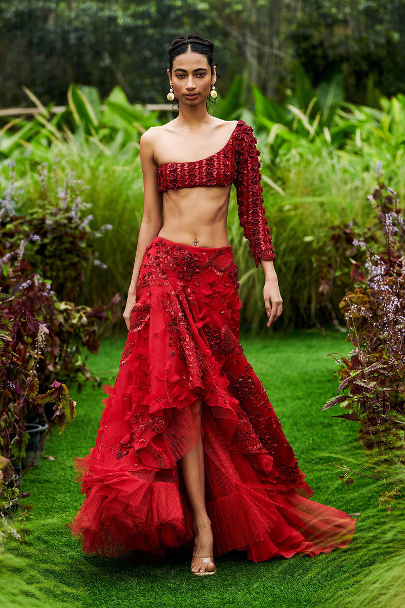 Shivan and Narresh Couture Embroidered Red Lehenga with Blouse; Red Colour; Women Lehenga Set; 