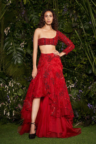 Shivan and Narresh Couture Embroidered Red Lehenga with Blouse; Red Colour; Women Lehenga Set;