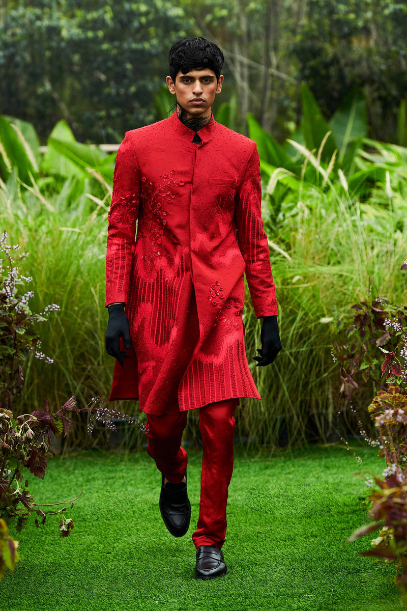 Shivan and Narresh Couture Embroidered Red Sherwani with Pants; Red Colour; 