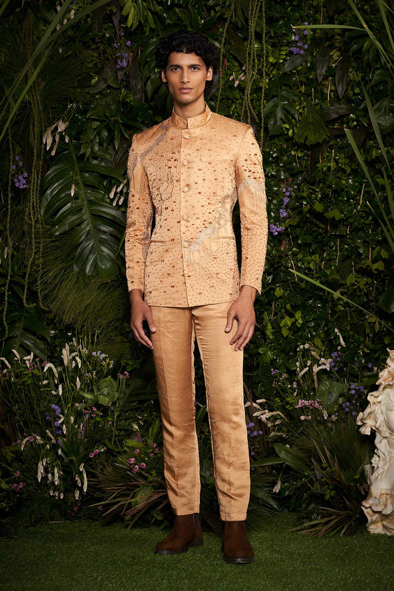 Shivan and Narresh Couture Gold Bandhgala; Gold colour; Men Ethnic Suit;
