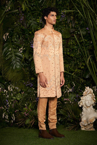 Shivan and Narresh Couture Embroidered Sherwani with Pants; Gold Colour; Men Ethnic wear set;