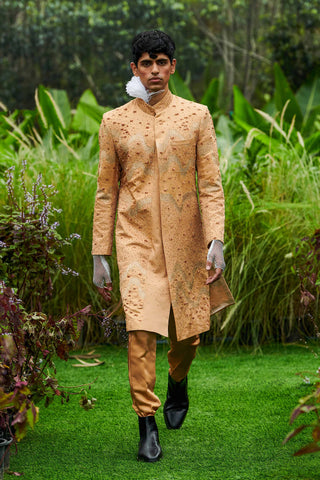 Shivan and Narresh Couture Embroidered Sherwani with Pants; Gold Colour; Men Ethnic wear set;